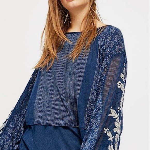 Free People Womens Indigo Dreams Tunic Embroidered Mesh Balloon Sleeves Boho XL - Picture 2 of 16